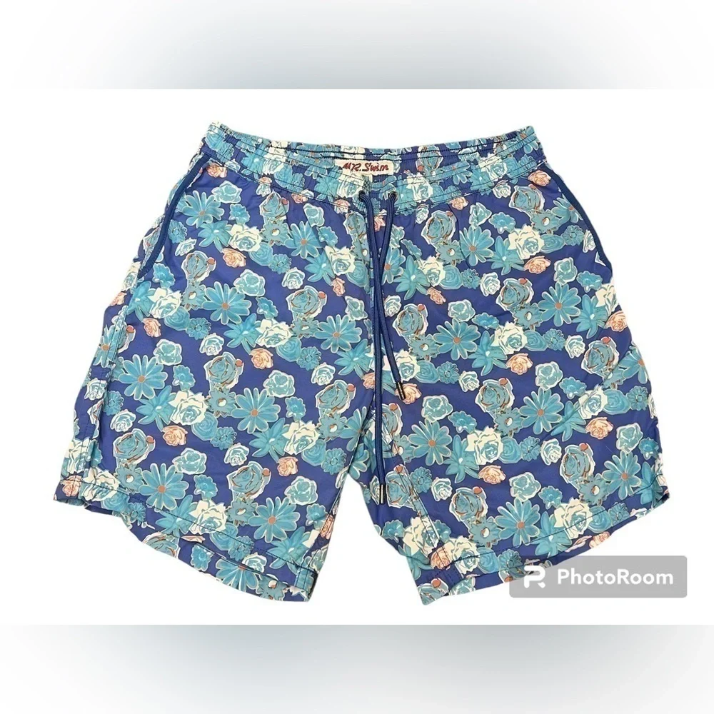 Mr Swim Floral Rose Daisy Pattern Boardshort Swim Trunks Size Medium in Blue